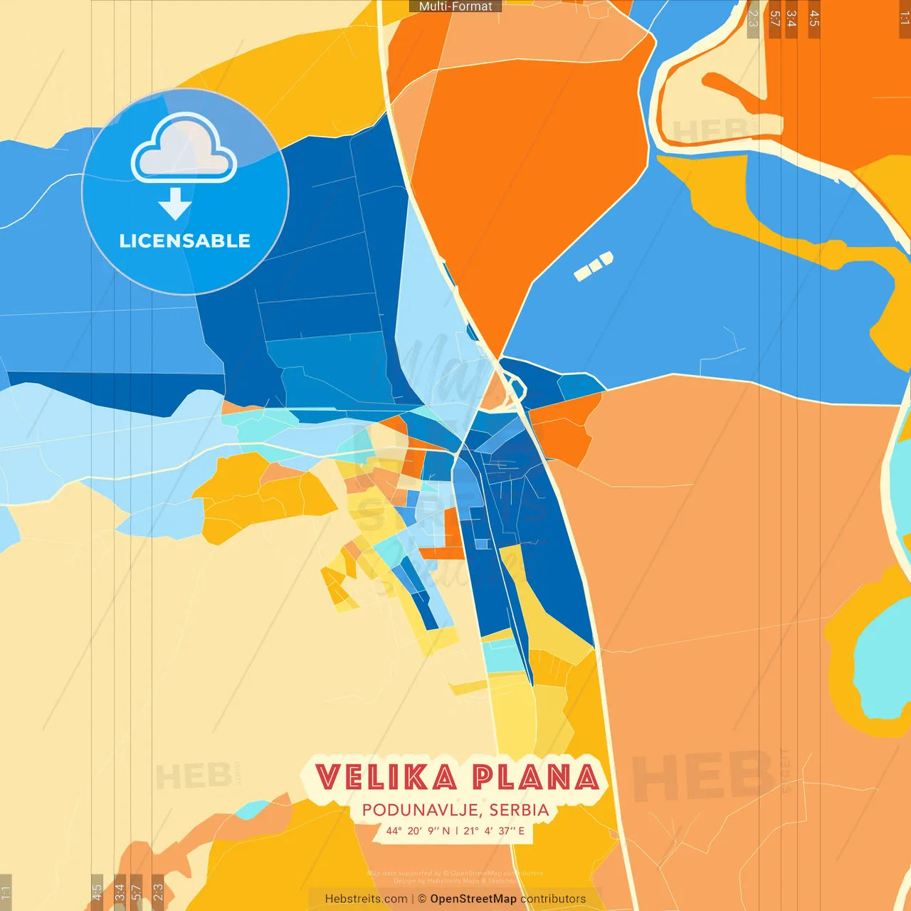 Velika Plana, Podunavlje, Serbia blue and orange vector art map template