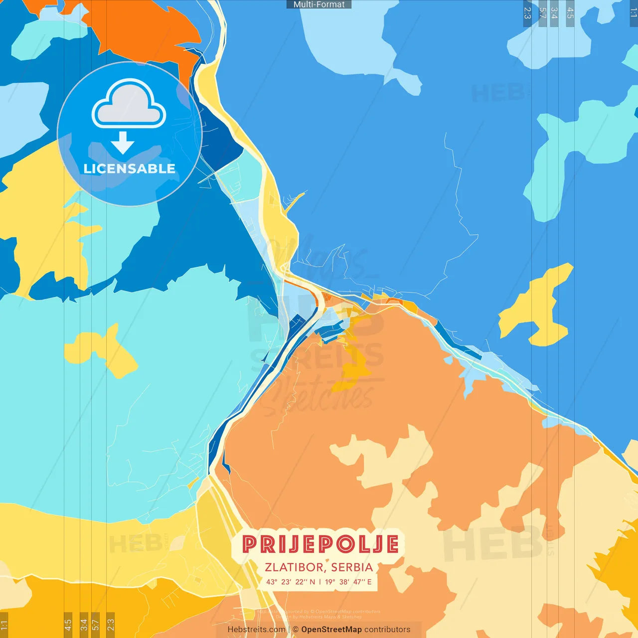 Prijepolje, Zlatibor, Serbia blue and orange vector art map template