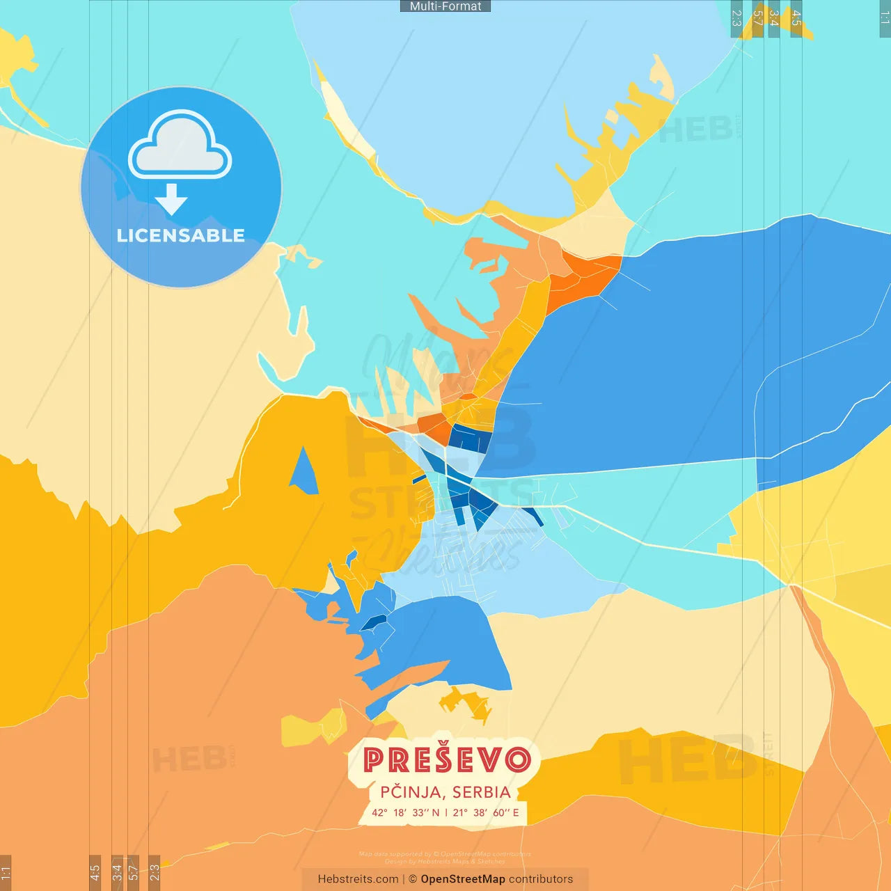 Preševo, Pčinja, Serbia blue and orange vector art map template