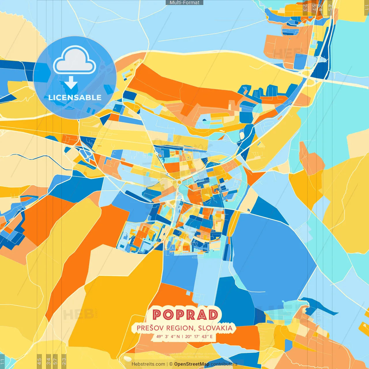 Poprad, Prešov Region, Slovakia blue and orange vector art map template