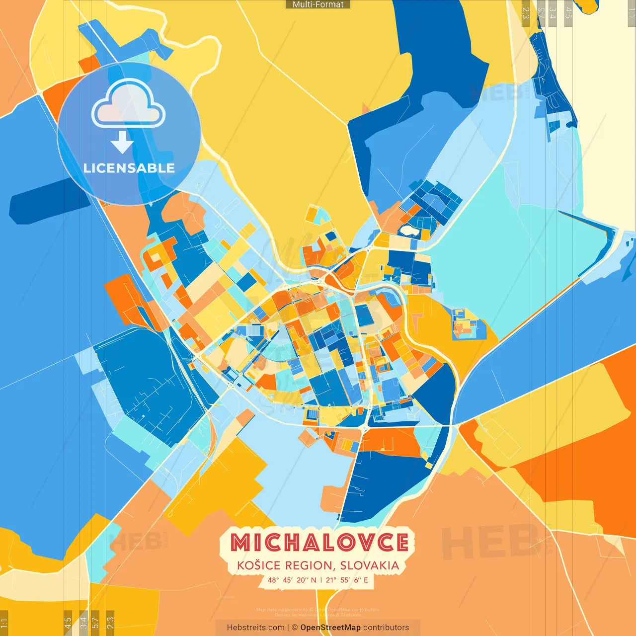 Michalovce, Košice Region, Slovakia blue and orange vector art map template