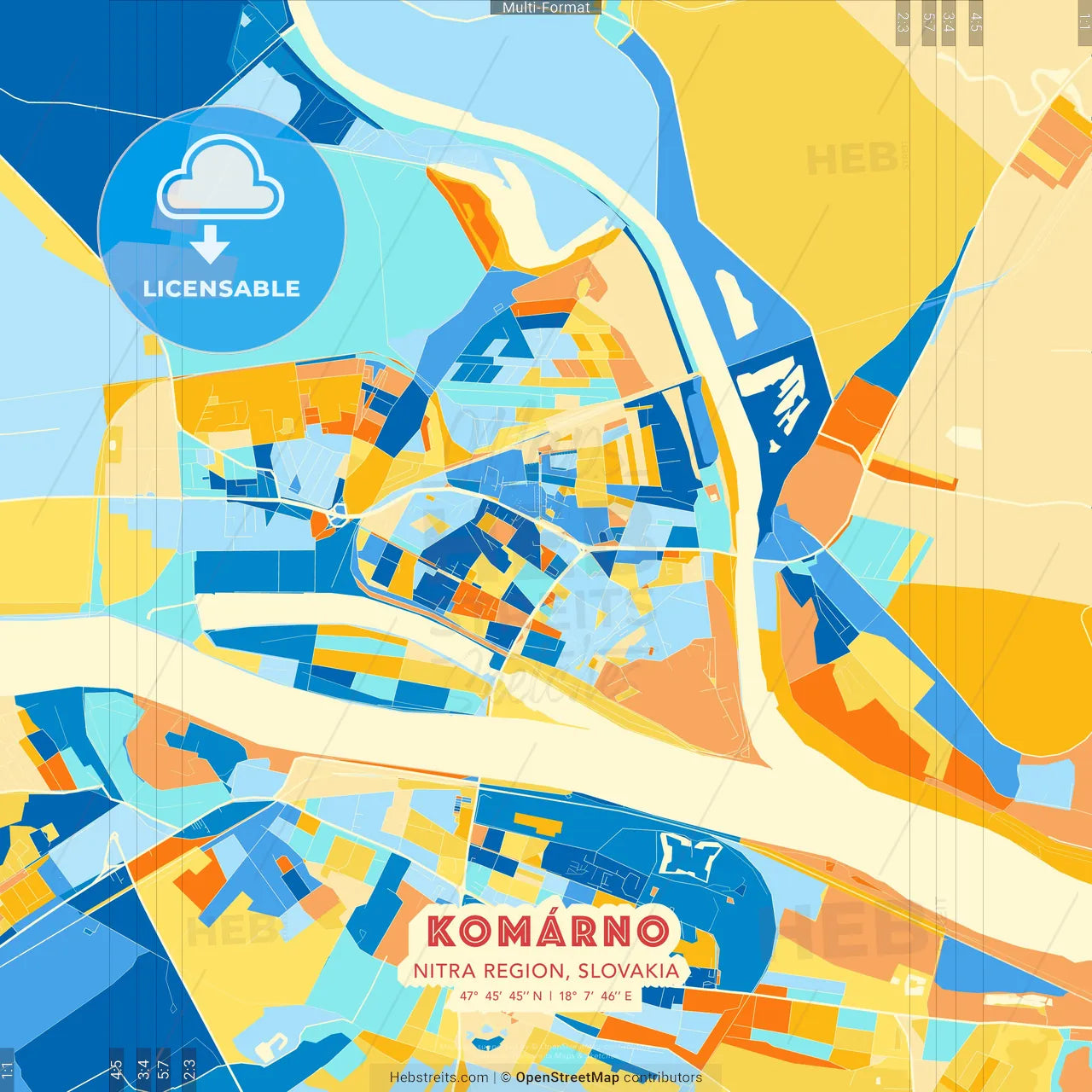Komárno, Nitra Region, Slovakia blue and orange vector art map template