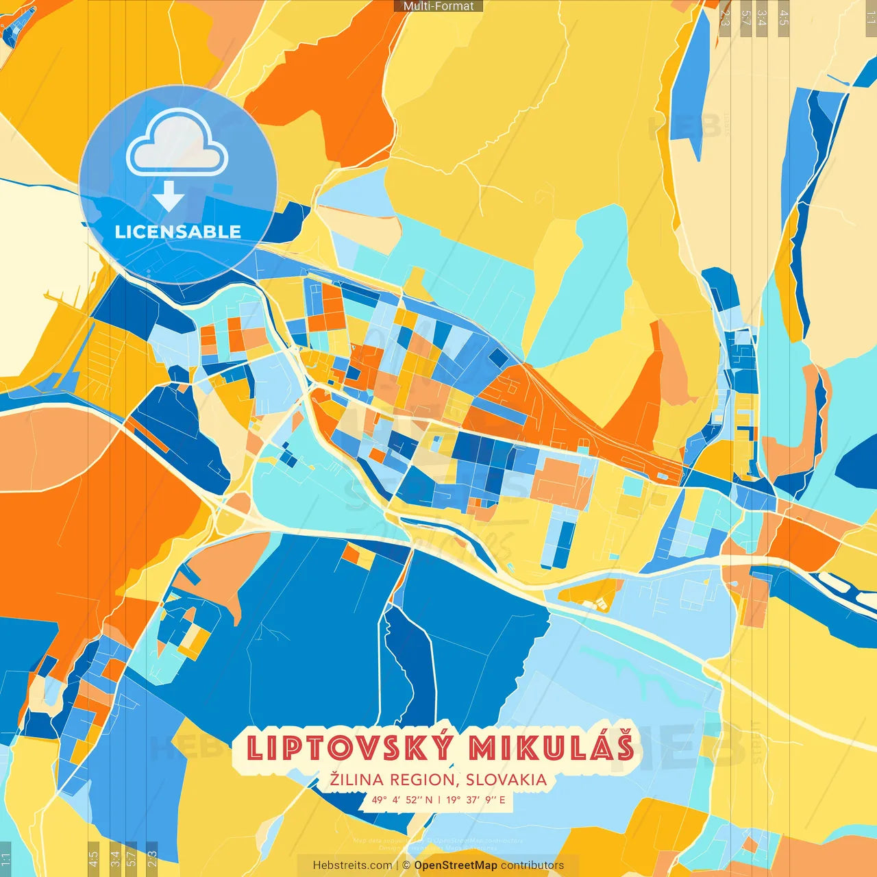 Liptovský Mikuláš, Žilina Region, Slovakia blue and orange vector art map template