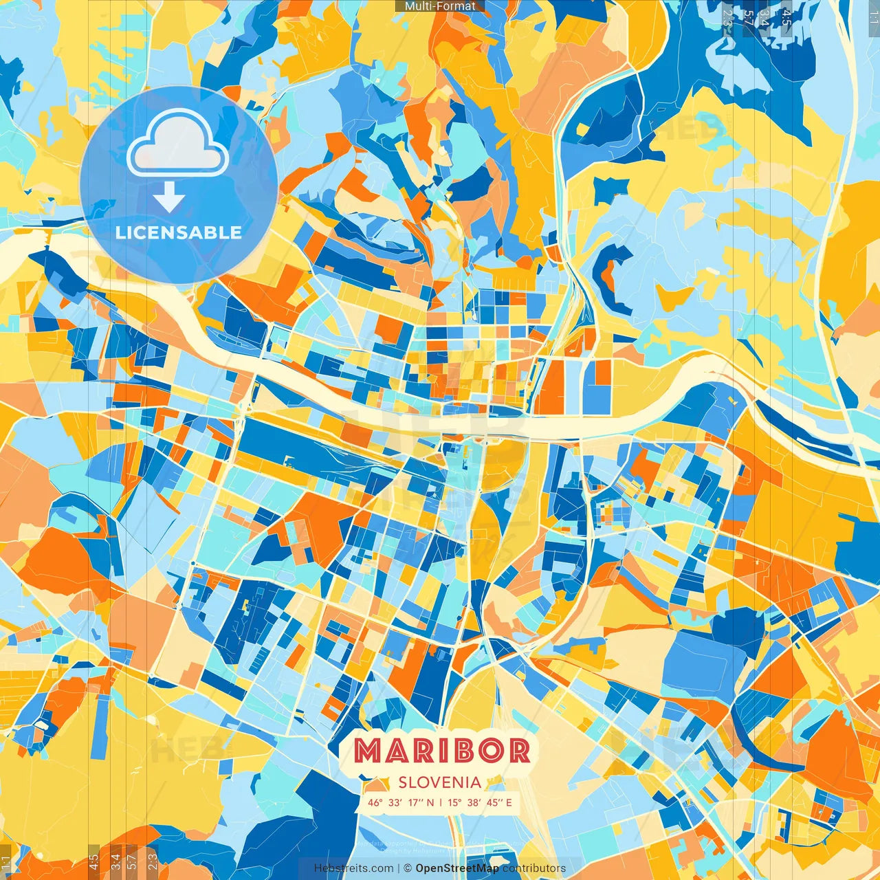 Maribor, Slovenia blue and orange vector art map template