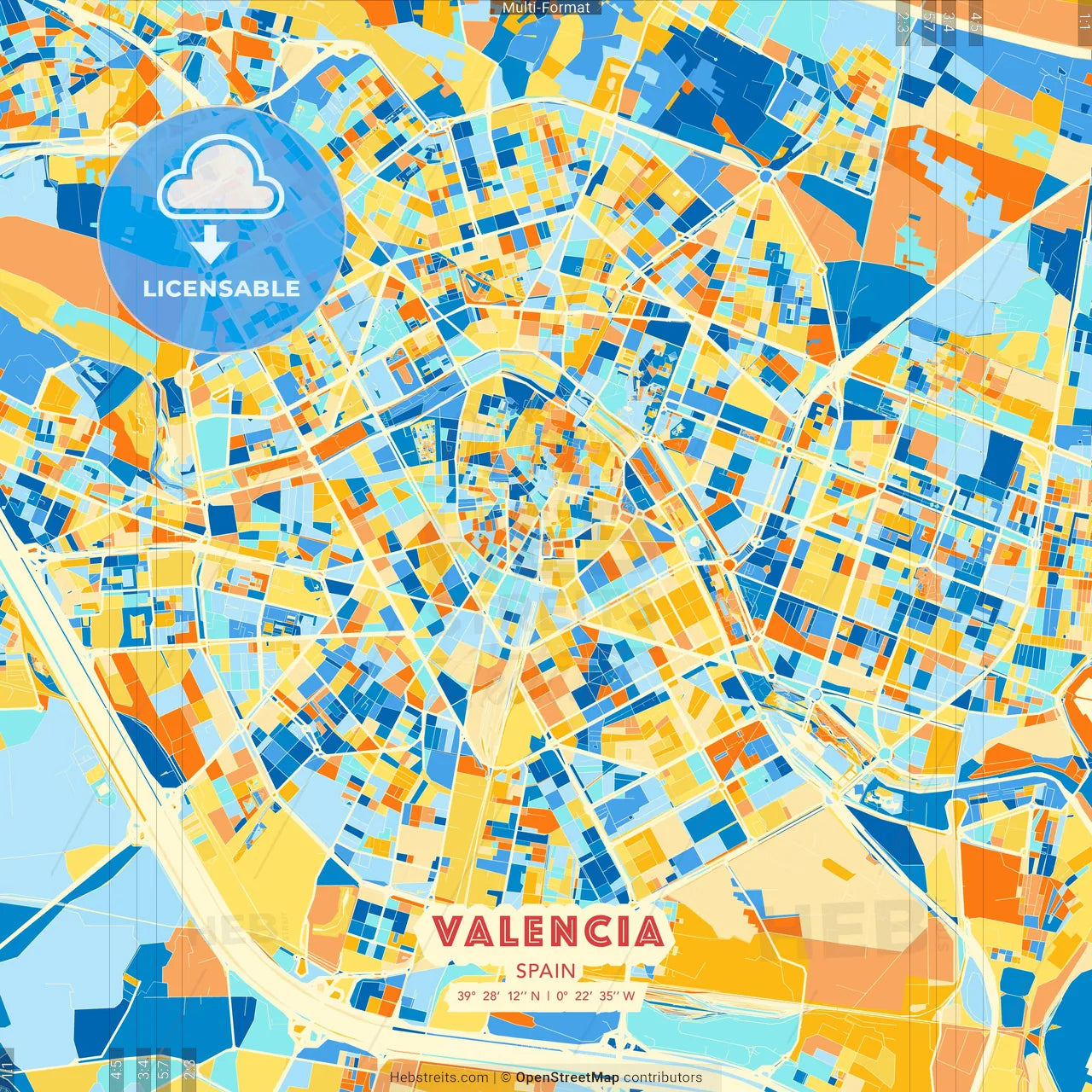 Valencia, Spain blue and orange vector art map template