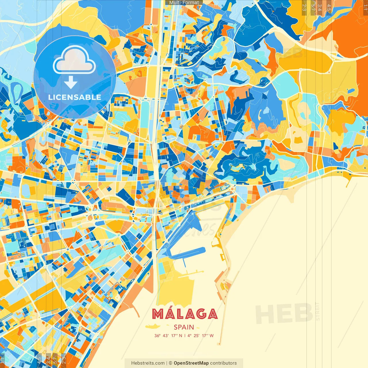 Málaga, Spain blue and orange vector art map template