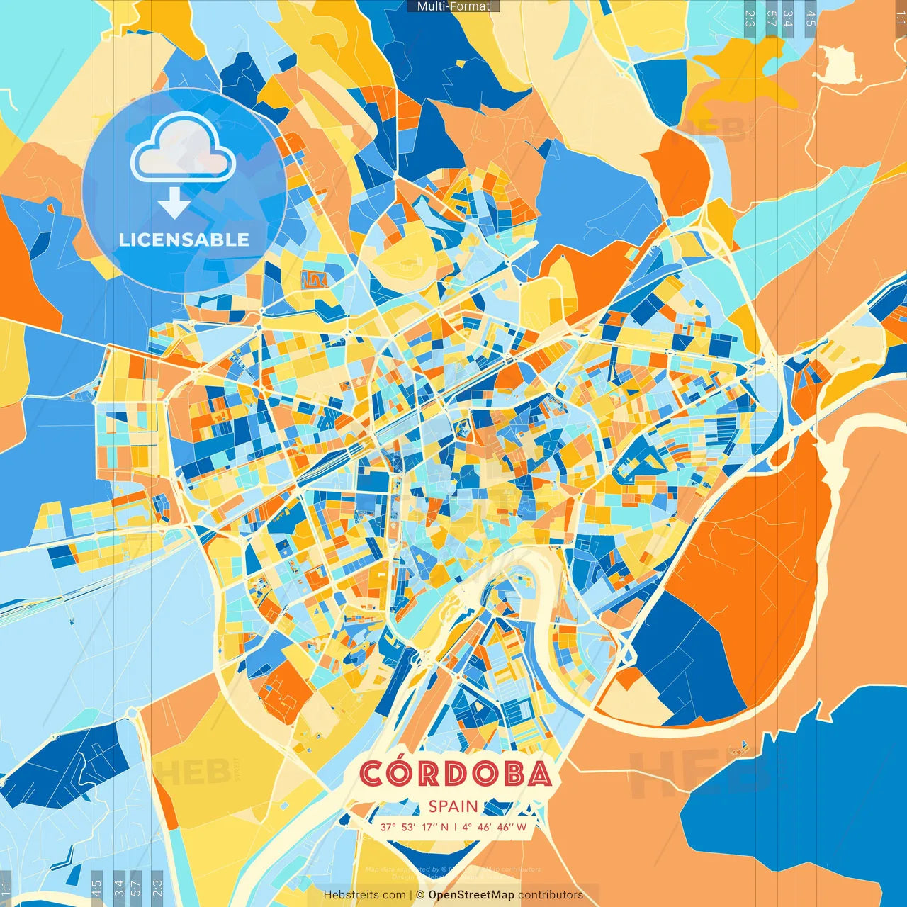 Córdoba, Spain blue and orange vector art map template