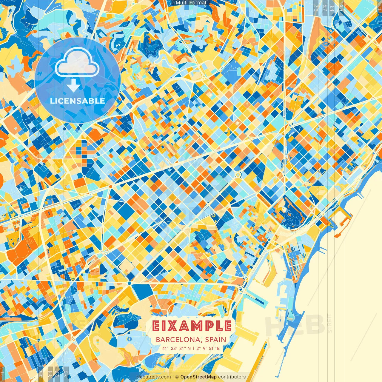 Eixample, Barcelona, Spain blue and orange vector art map template