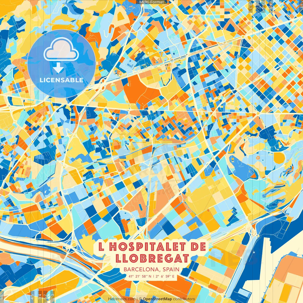 L Hospitalet de Llobregat, Barcelona, Spain blue and orange vector art map template
