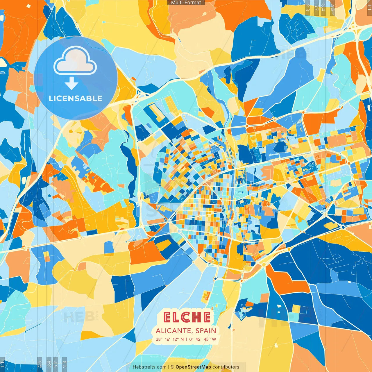 Elche, Alicante, Spain blue and orange vector art map template