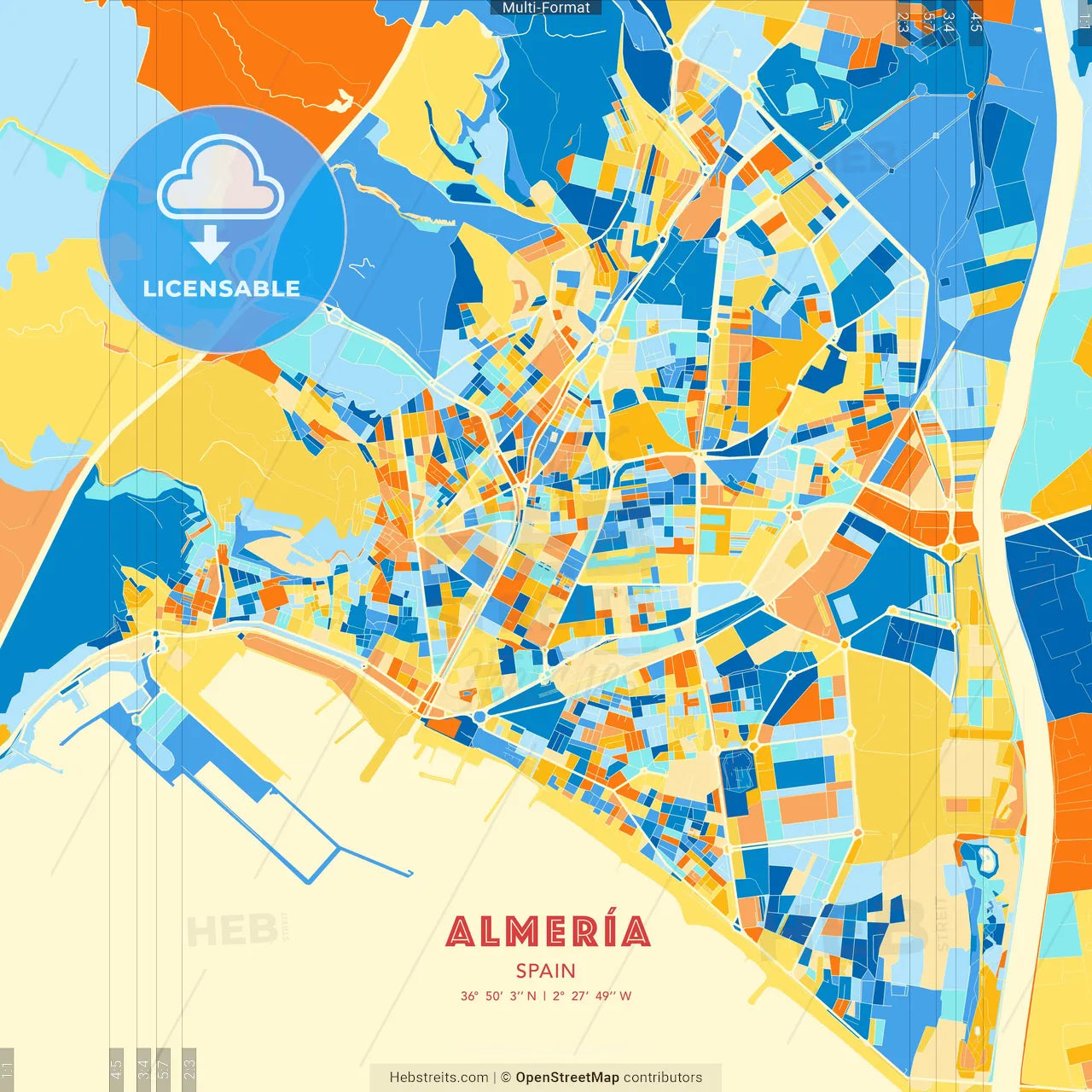 Almería, Spain blue and orange vector art map template