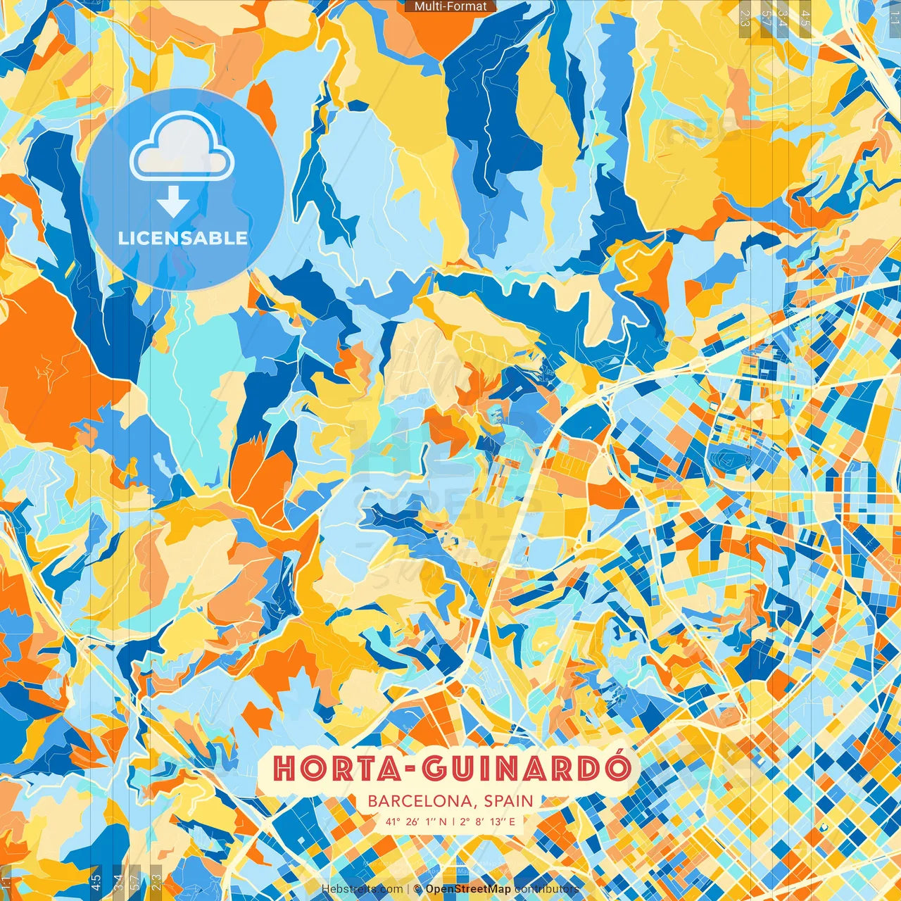 Horta-Guinardó, Barcelona, Spain blue and orange vector art map template