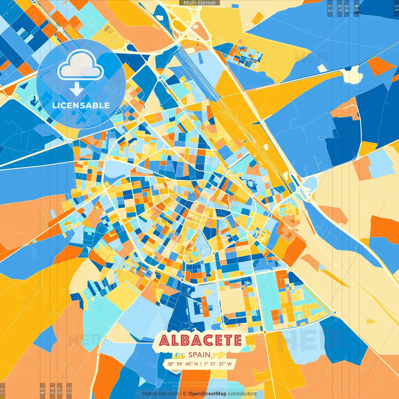 Albacete, Spain blue and orange vector art map template