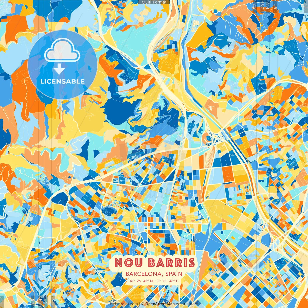 Nou Barris, Barcelona, Spain blue and orange vector art map template