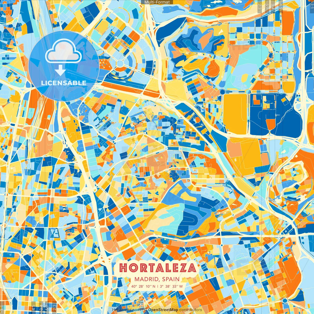 Hortaleza, Madrid, Spain blue and orange vector art map template