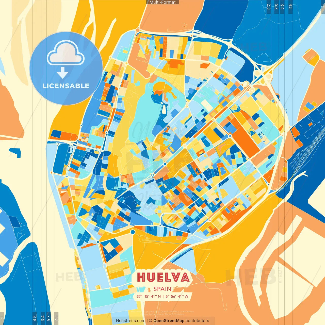Huelva, Spain blue and orange vector art map template