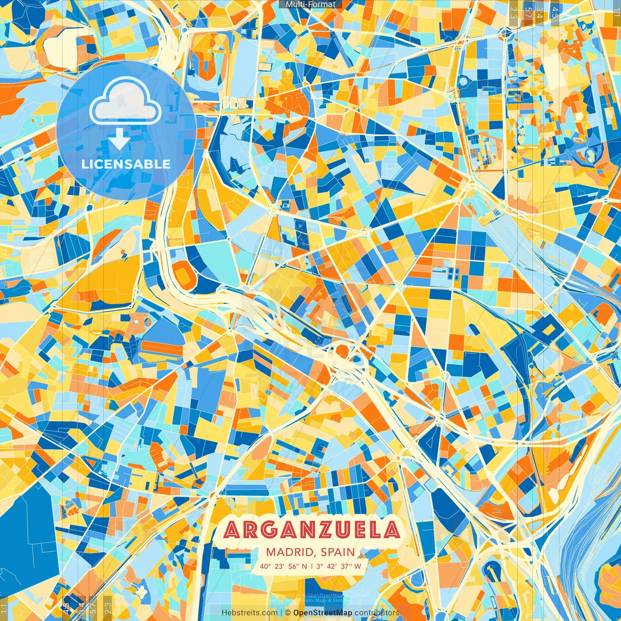 Arganzuela, Madrid, Spain blue and orange vector art map template