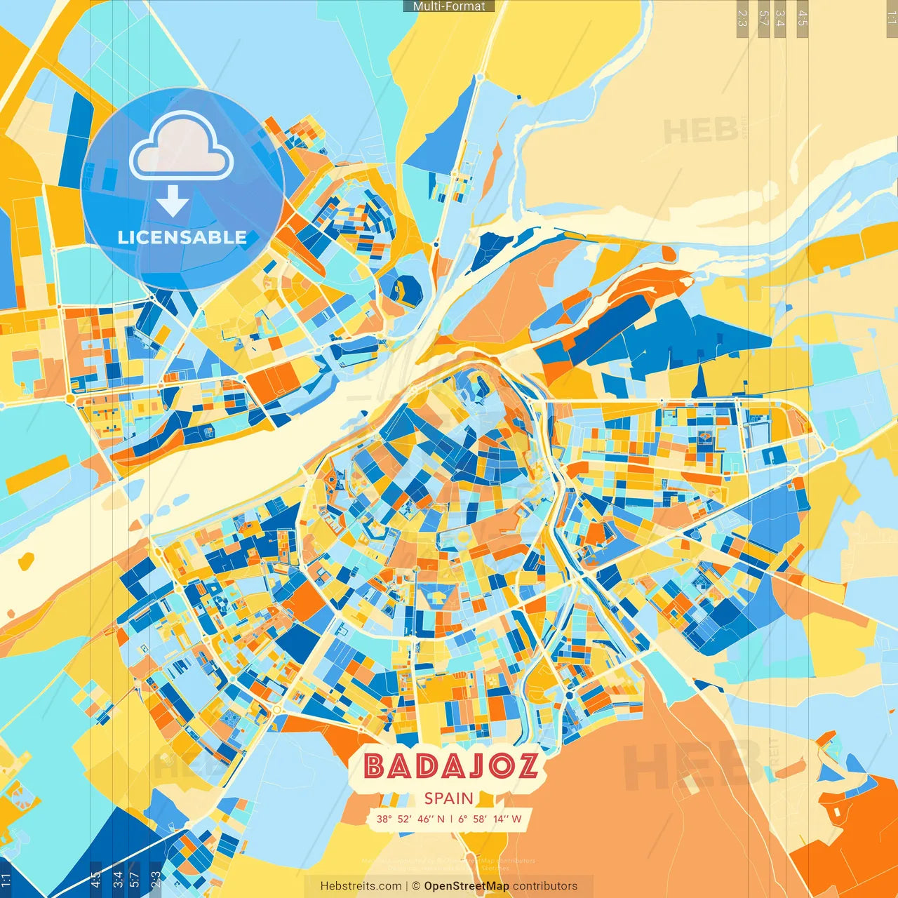 Badajoz, Spain blue and orange vector art map template