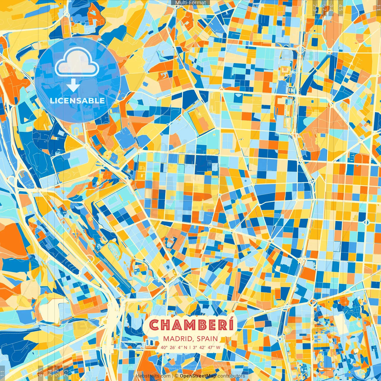 Chamberí, Madrid, Spain blue and orange vector art map template