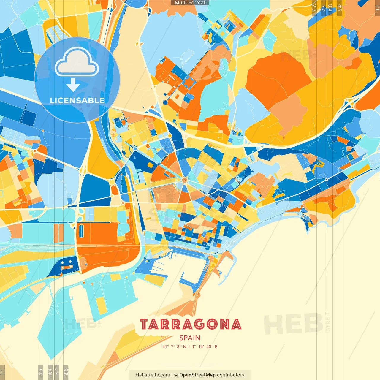 Tarragona, Spain blue and orange vector art map template