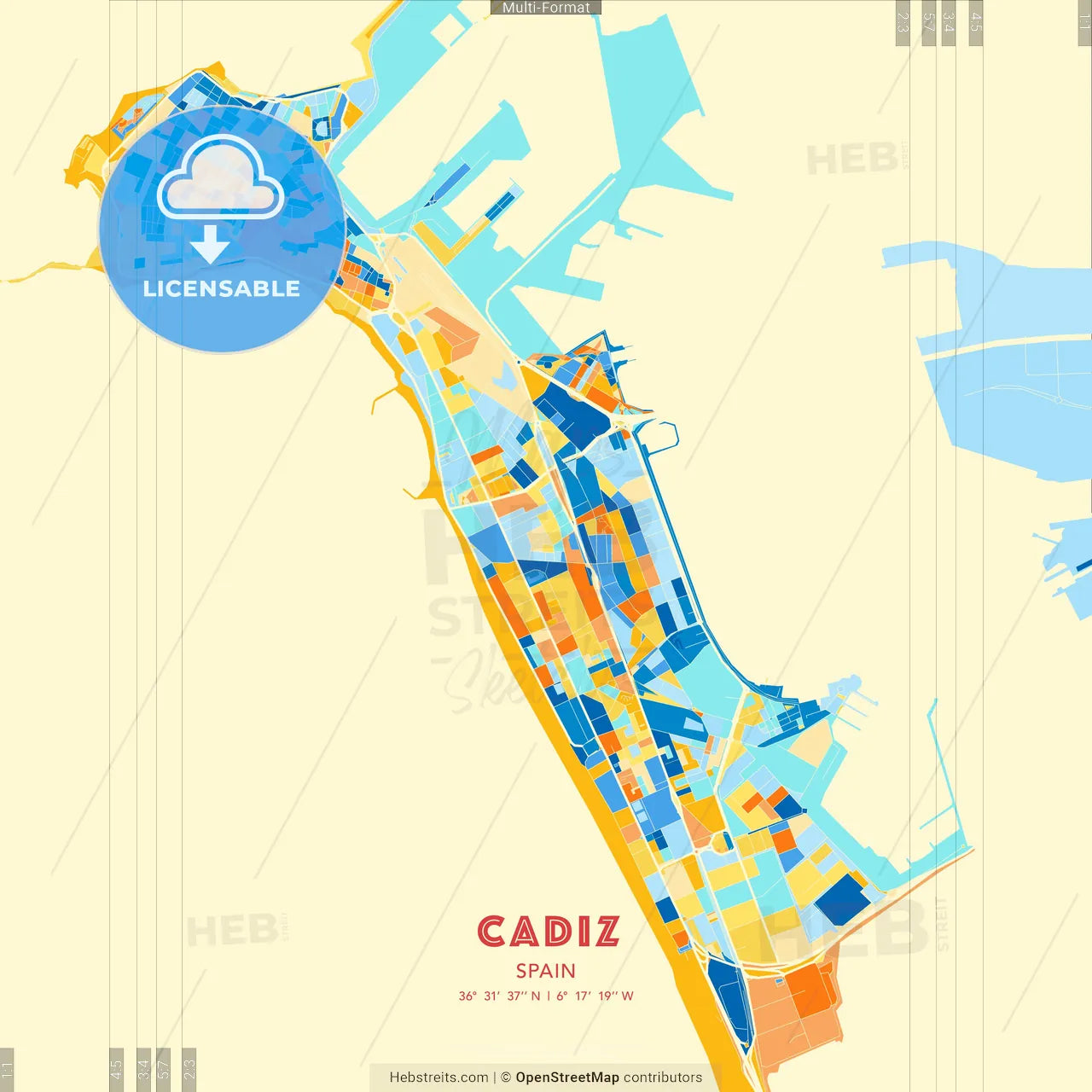 Cadiz, Spain blue and orange vector art map template