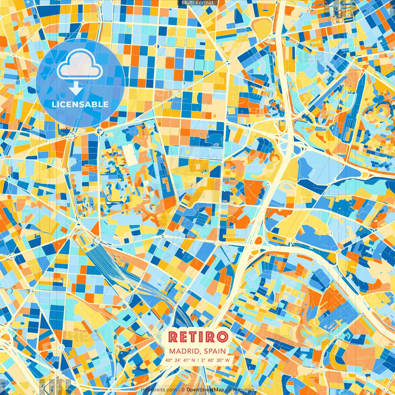 Retiro, Madrid, Spain blue and orange vector art map template