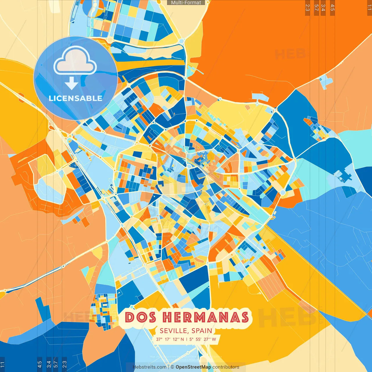 Dos Hermanas, Seville, Spain blue and orange vector art map template