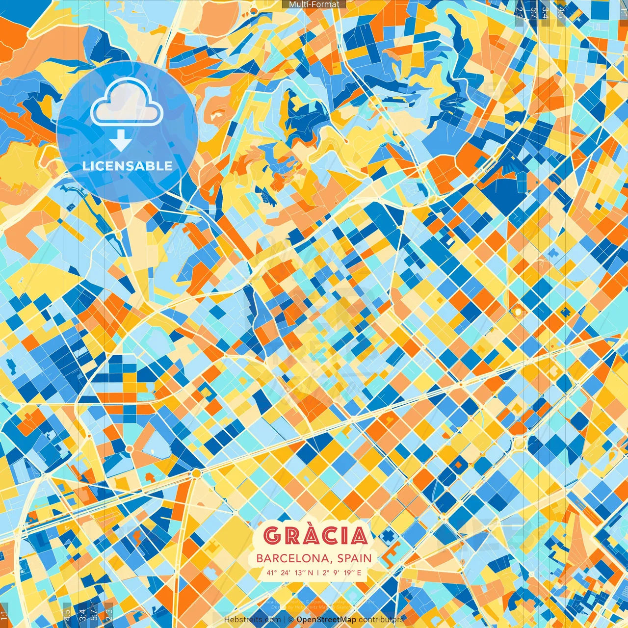 Gràcia, Barcelona, Spain blue and orange vector art map template
