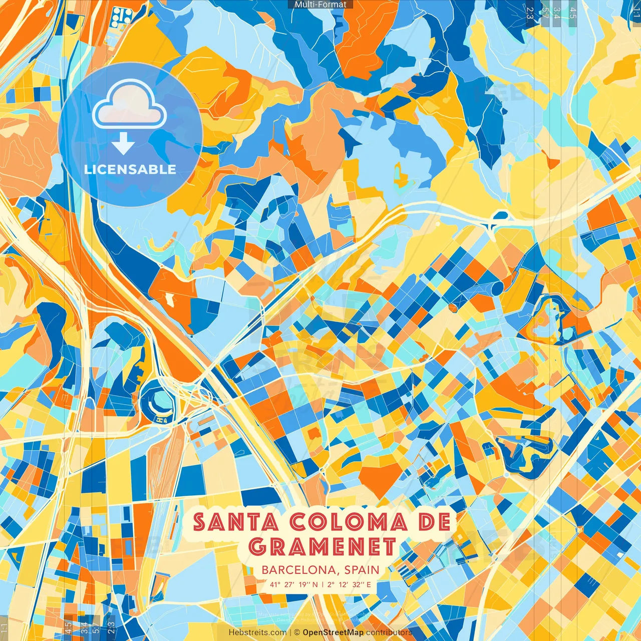 Santa Coloma de Gramenet, Barcelona, Spain blue and orange vector art map template