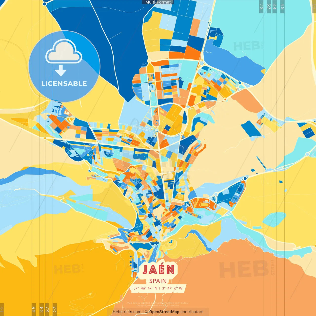 Jaén, Spain blue and orange vector art map template