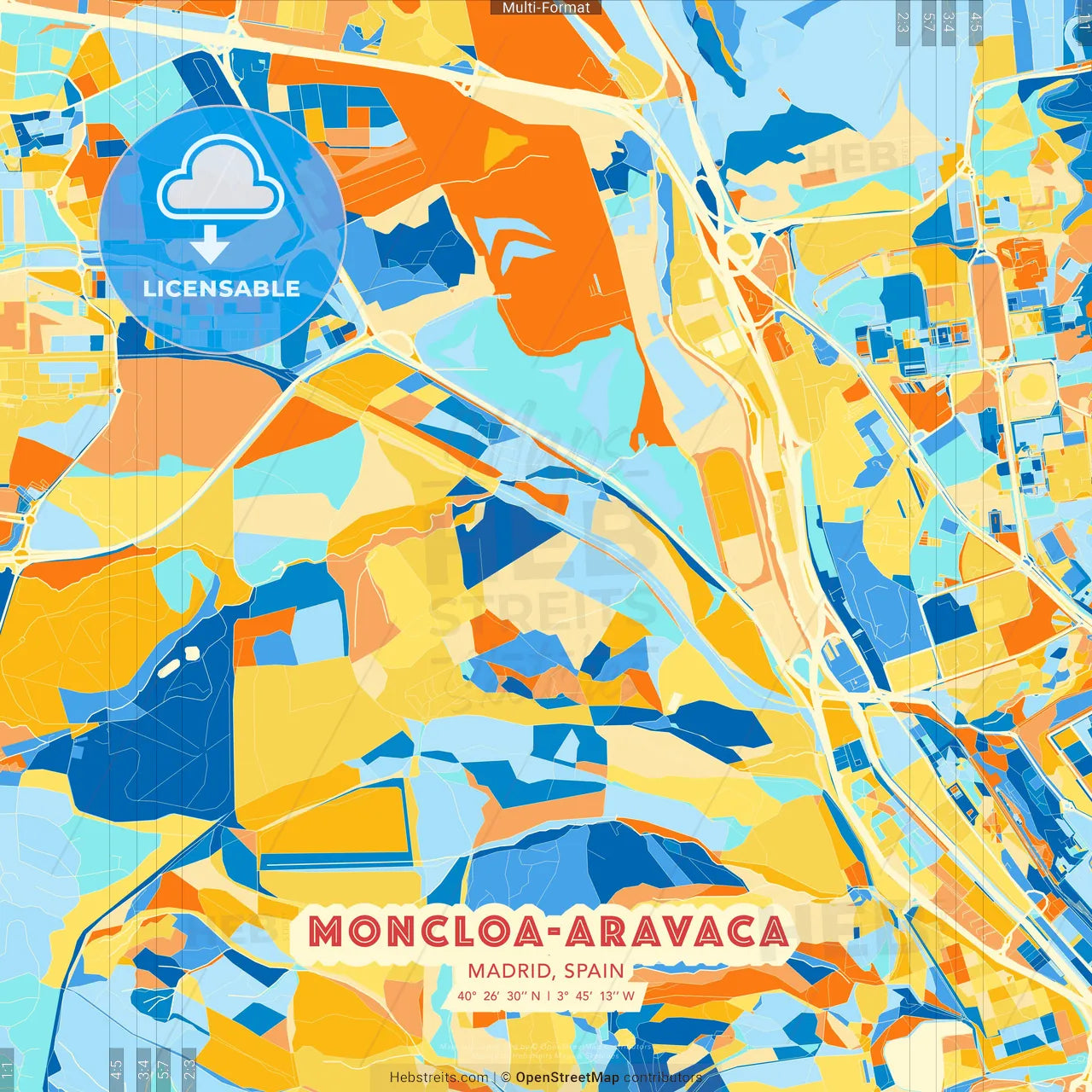 Moncloa-Aravaca, Madrid, Spain blue and orange vector art map template