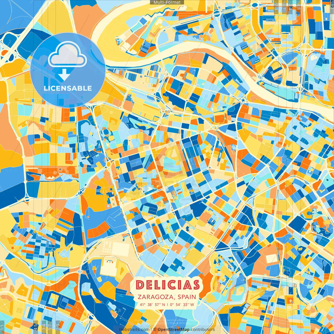 Delicias, Zaragoza, Spain blue and orange vector art map template