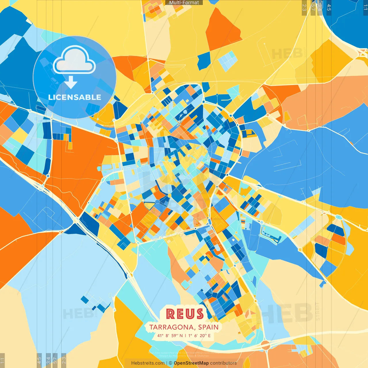Reus, Tarragona, Spain blue and orange vector art map template