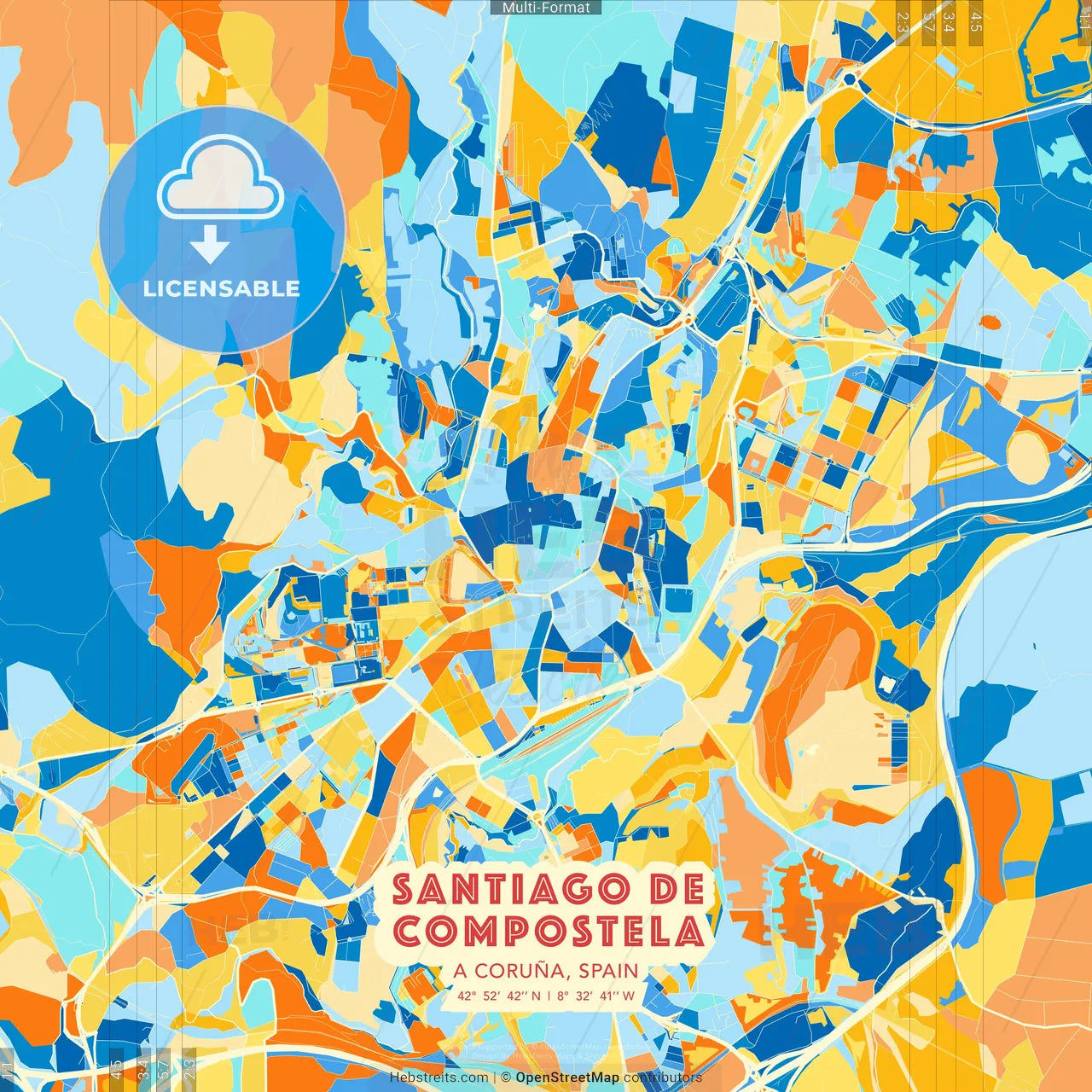 Santiago de Compostela, A Coruña, Spain blue and orange vector art map template