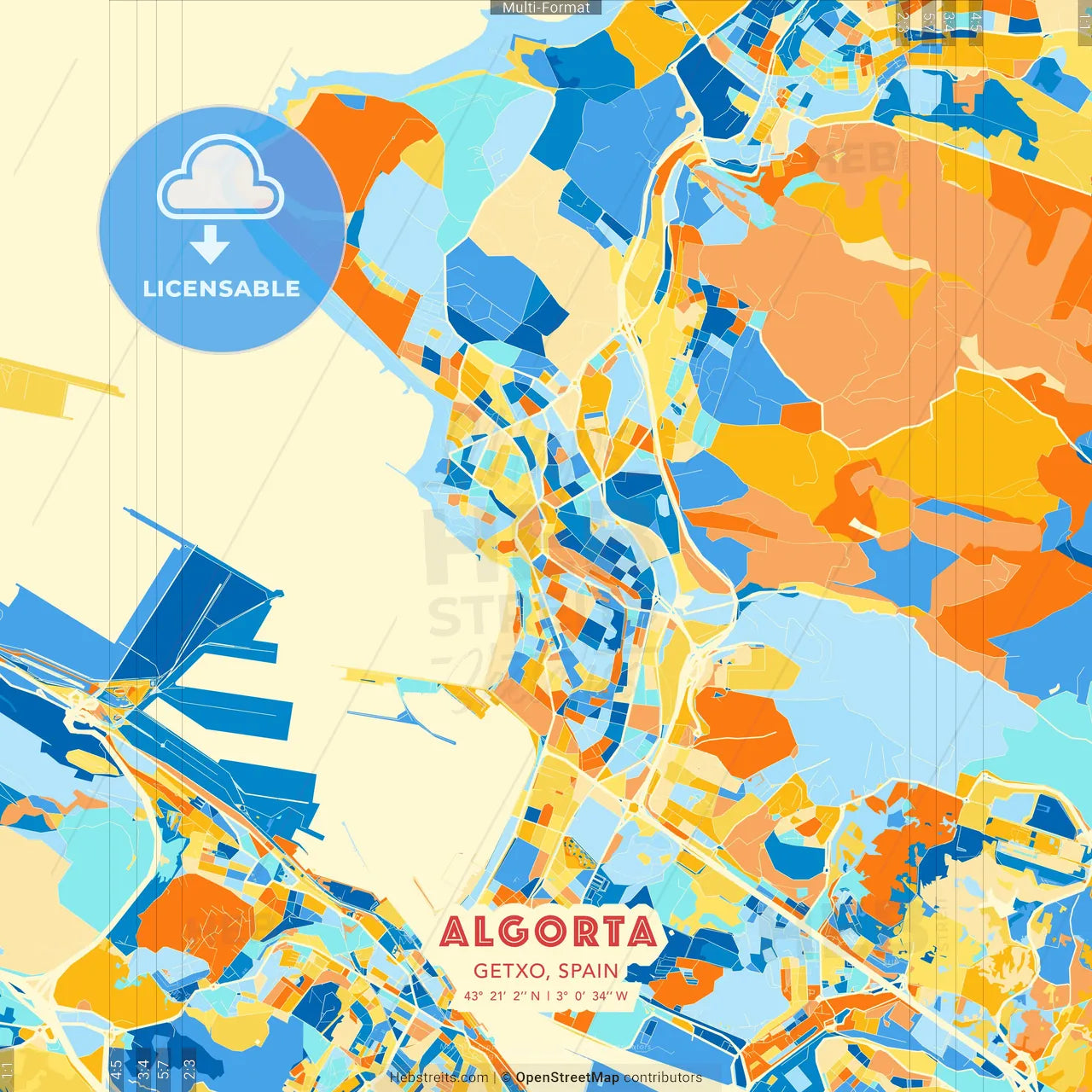 Algorta, Getxo, Spain blue and orange vector art map template