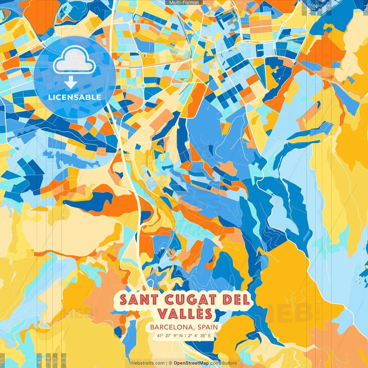 Sant Cugat del Vallès, Barcelona, Spain blue and orange vector art map template