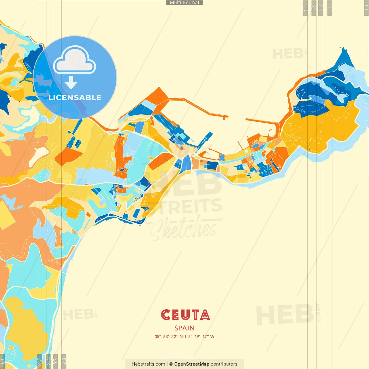 Ceuta, Spain blue and orange vector art map template