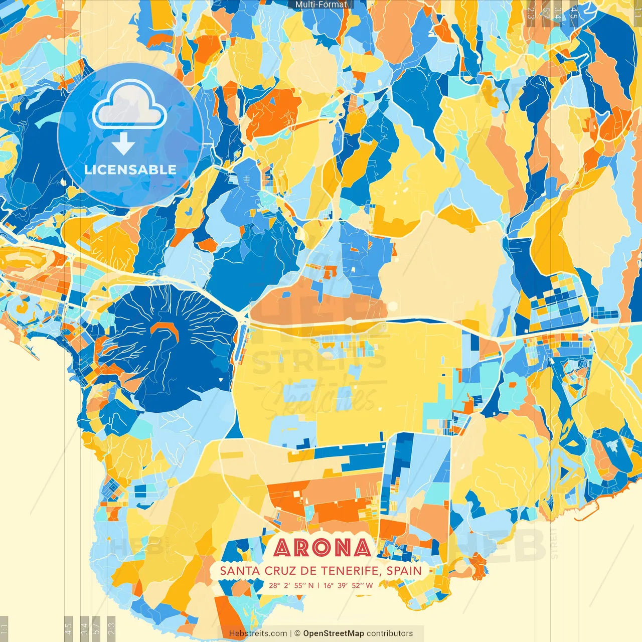Arona, Santa Cruz de Tenerife, Spain blue and orange vector art map template