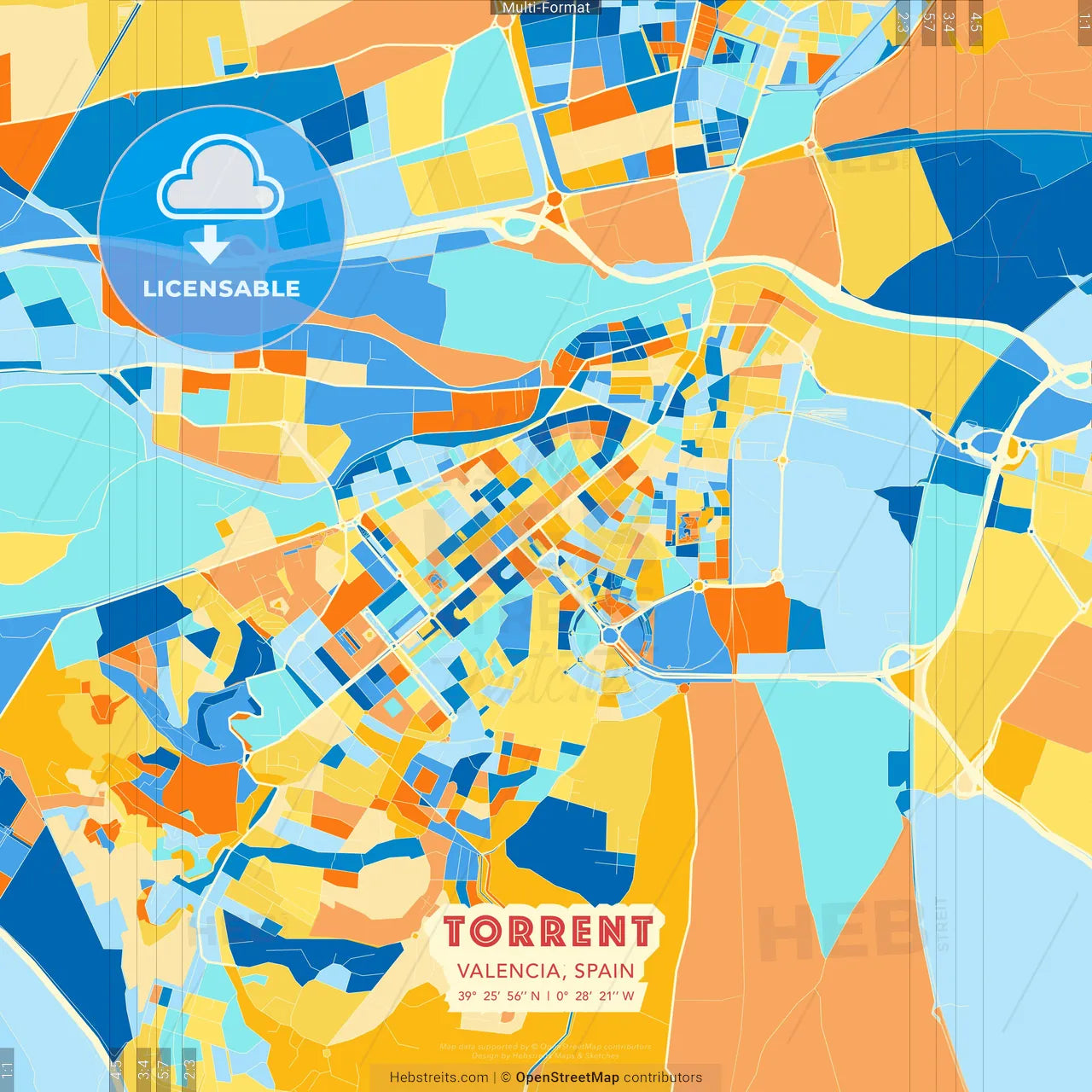 Torrent, Valencia, Spain blue and orange vector art map template