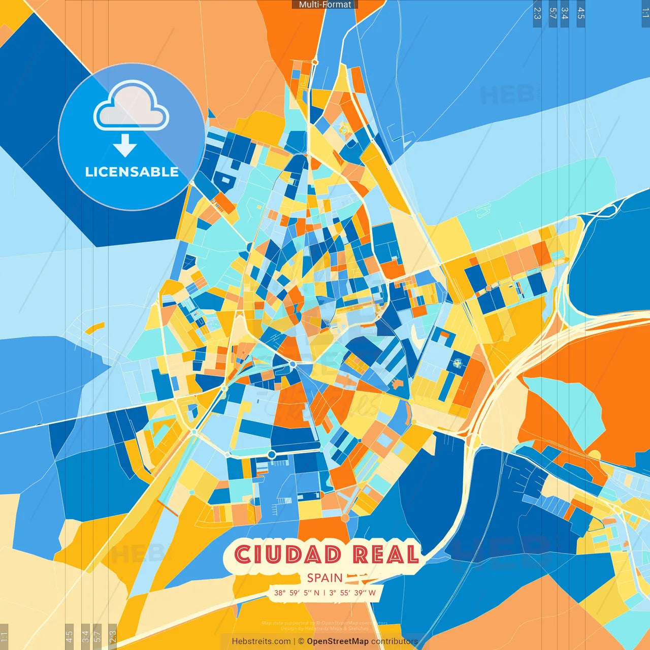 Ciudad Real, Spain blue and orange vector art map template