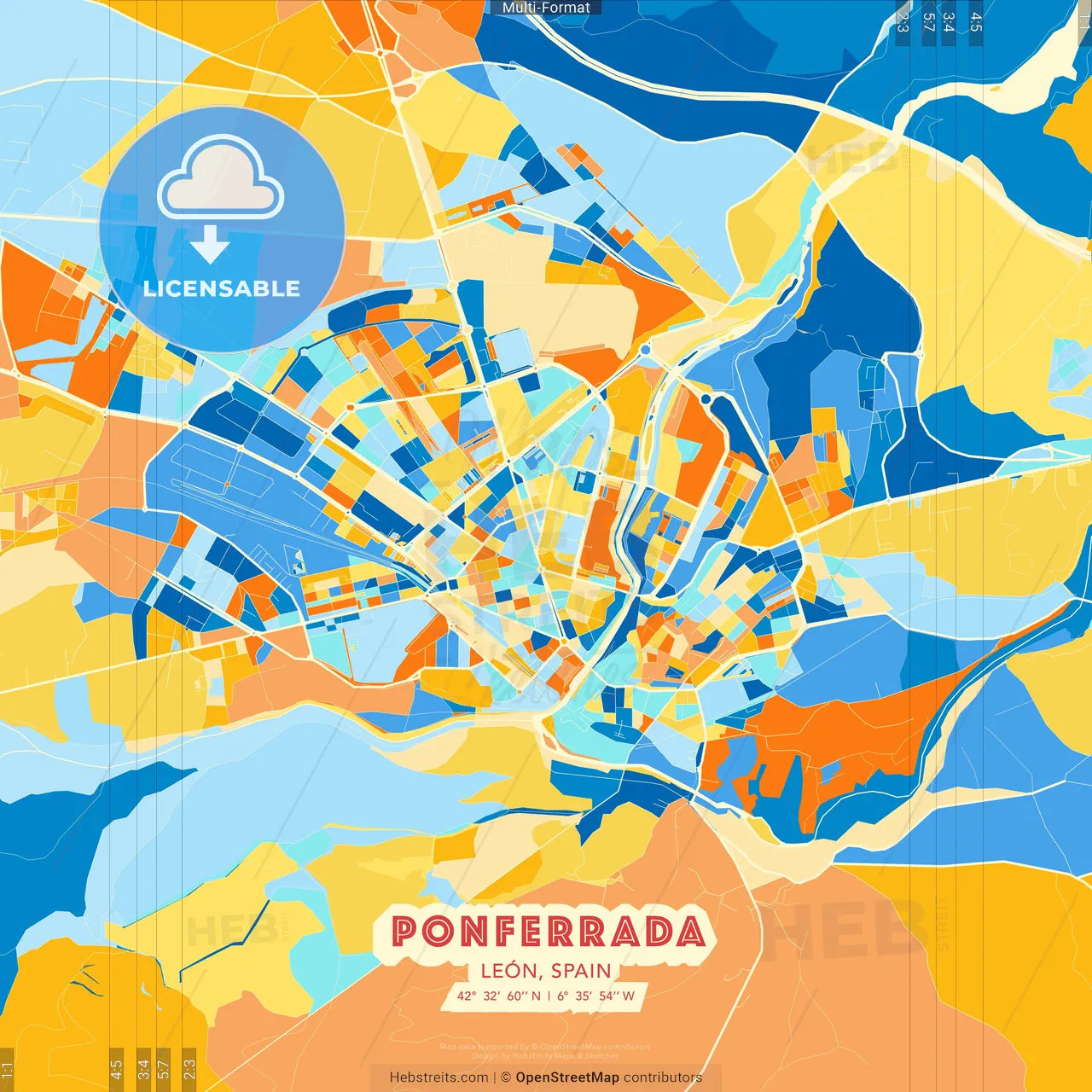 Ponferrada, León, Spain blue and orange vector art map template