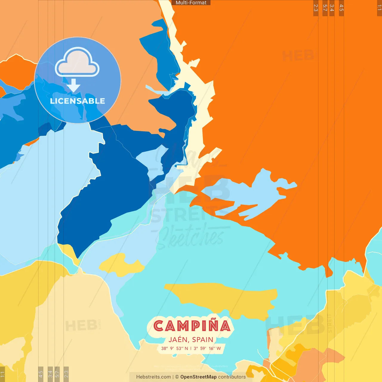 Campiña, Jaén, Spain blue and orange vector art map template