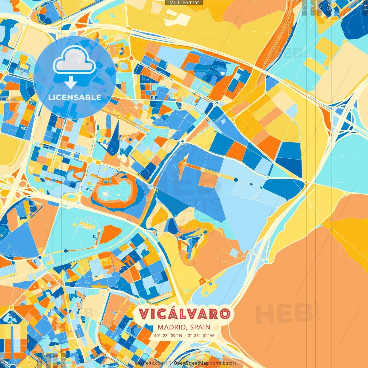 Vicálvaro, Madrid, Spain blue and orange vector art map template