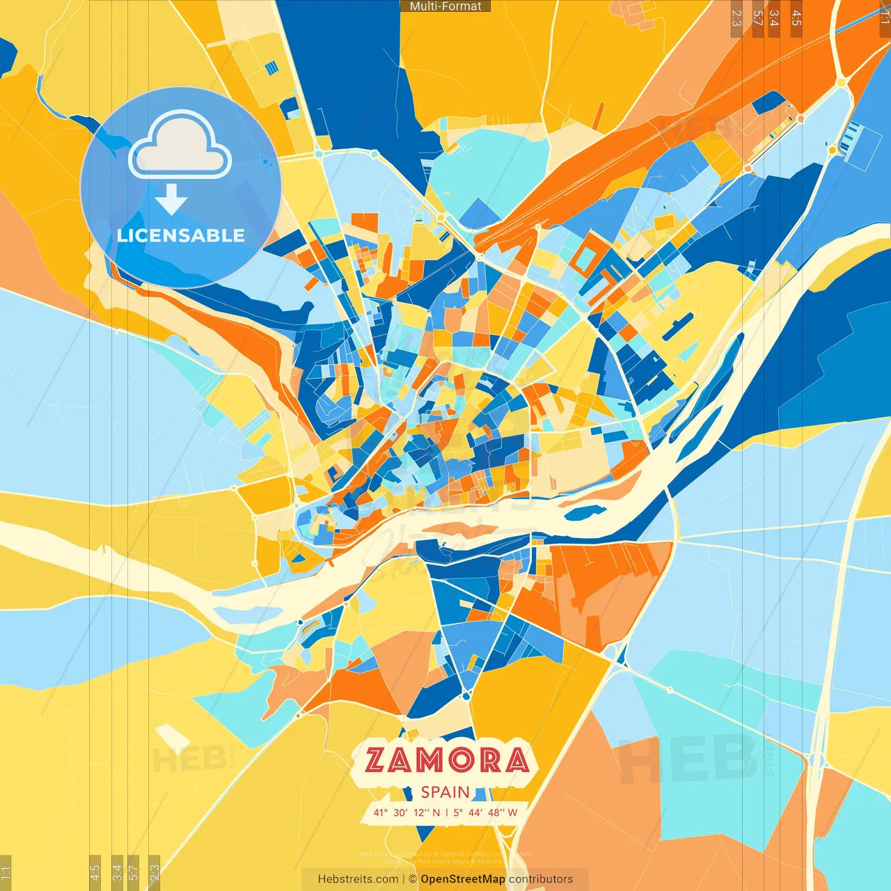Zamora, Spain blue and orange vector art map template