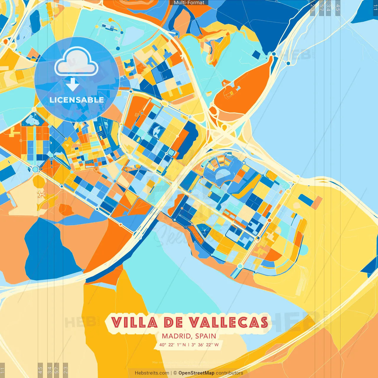 Villa de Vallecas, Madrid, Spain blue and orange vector art map template