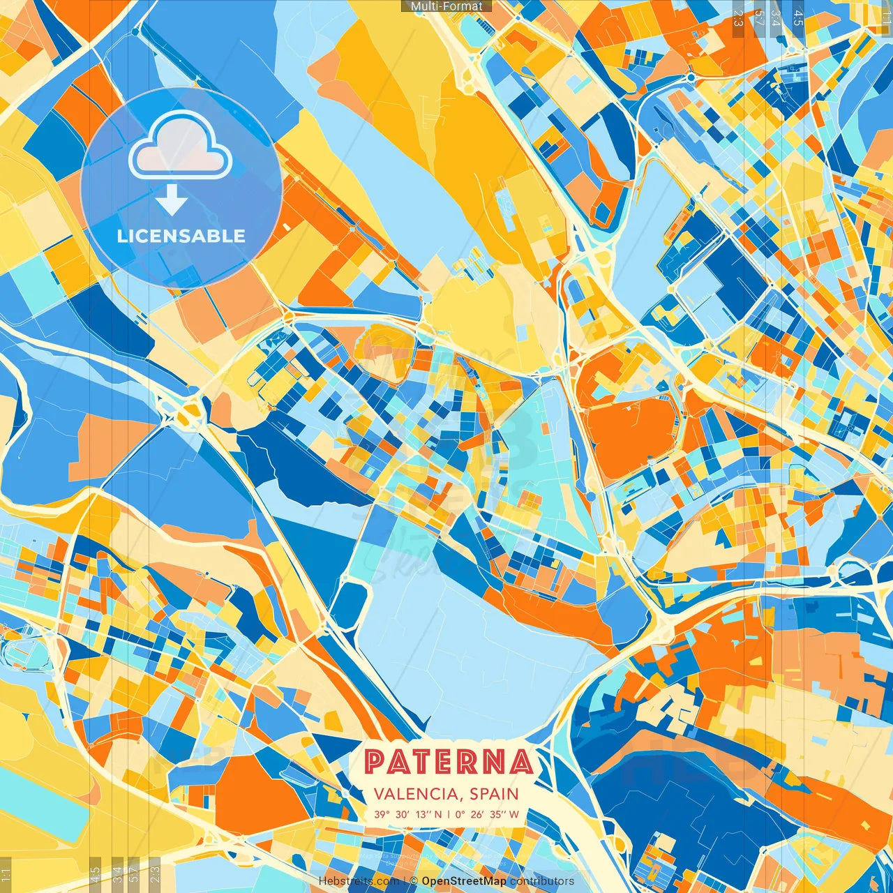 Paterna, Valencia, Spain blue and orange vector art map template