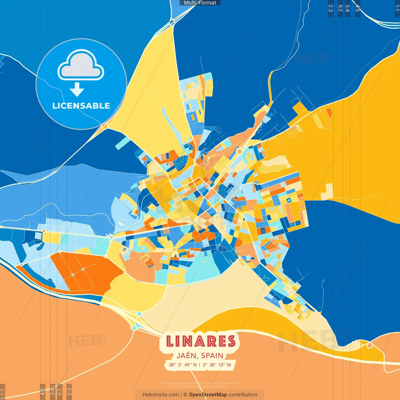 Linares, Jaén, Spain blue and orange vector art map template