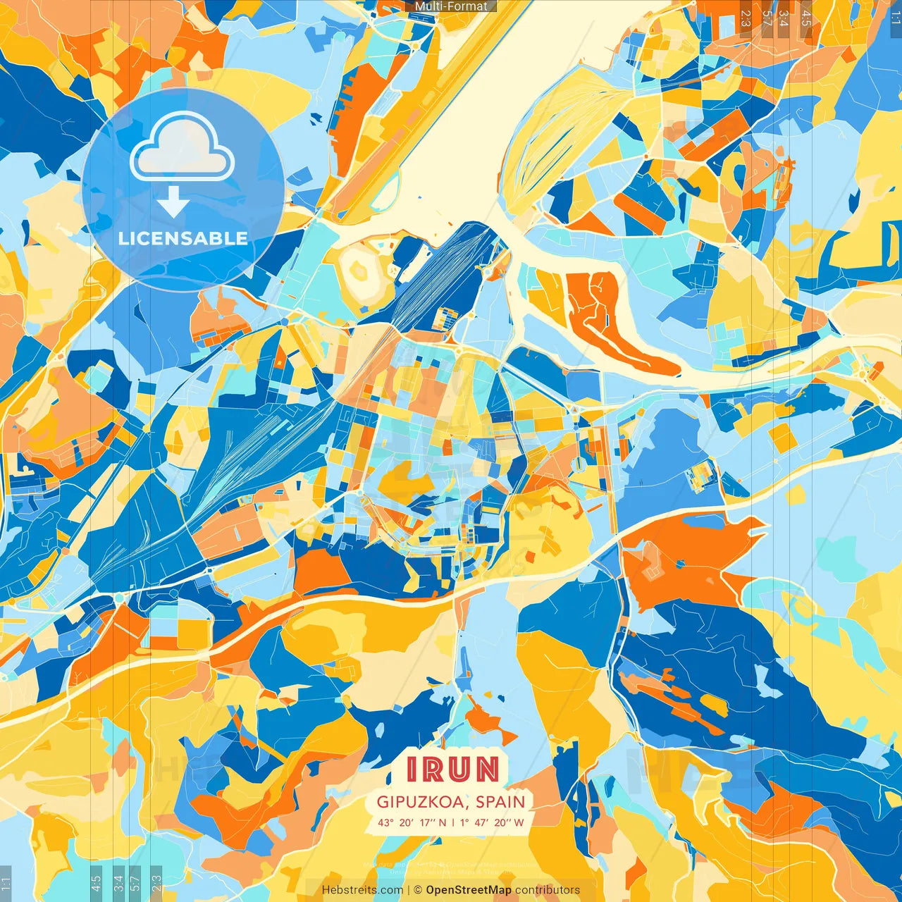 Irun, Gipuzkoa, Spain blue and orange vector art map template