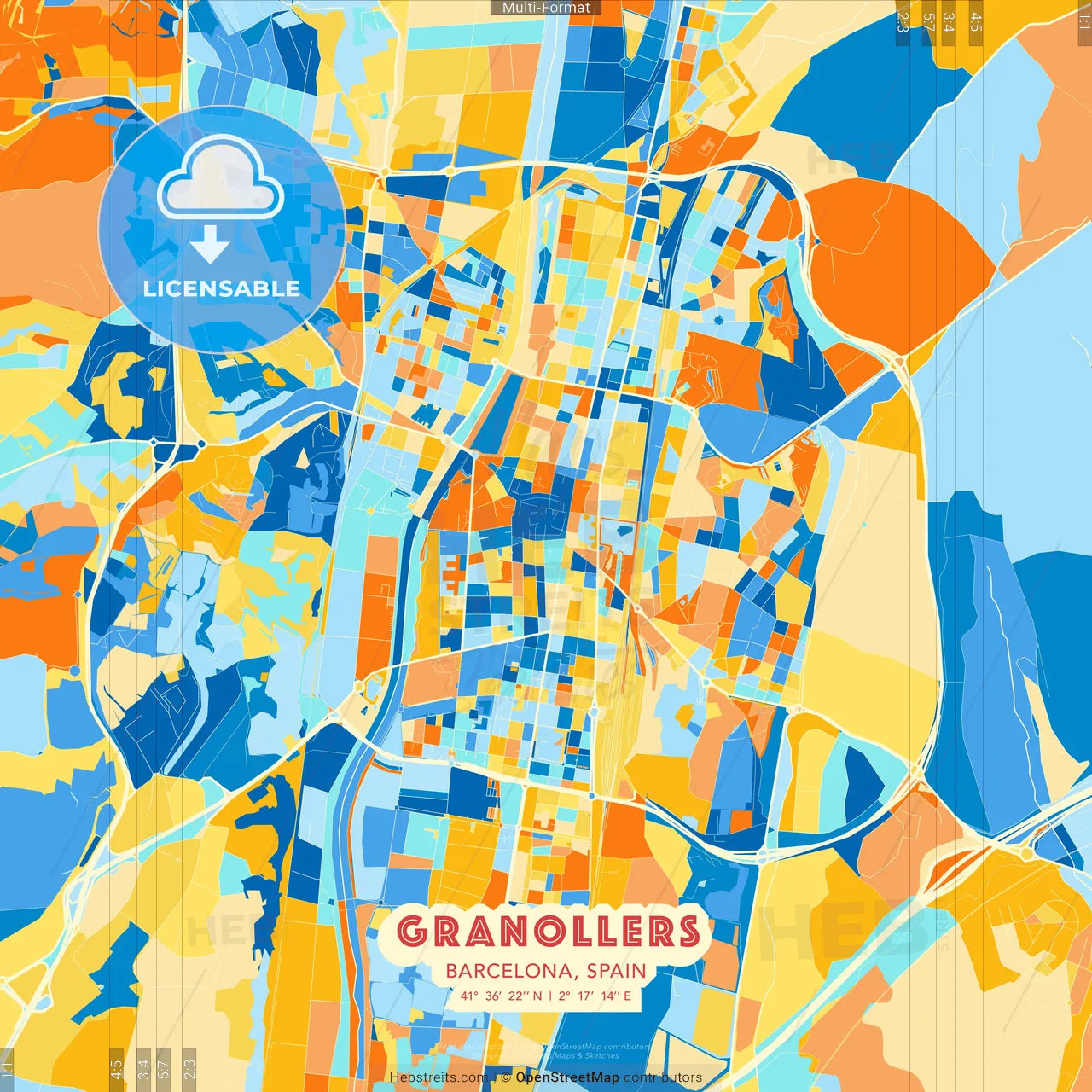 Granollers, Barcelona, Spain blue and orange vector art map template