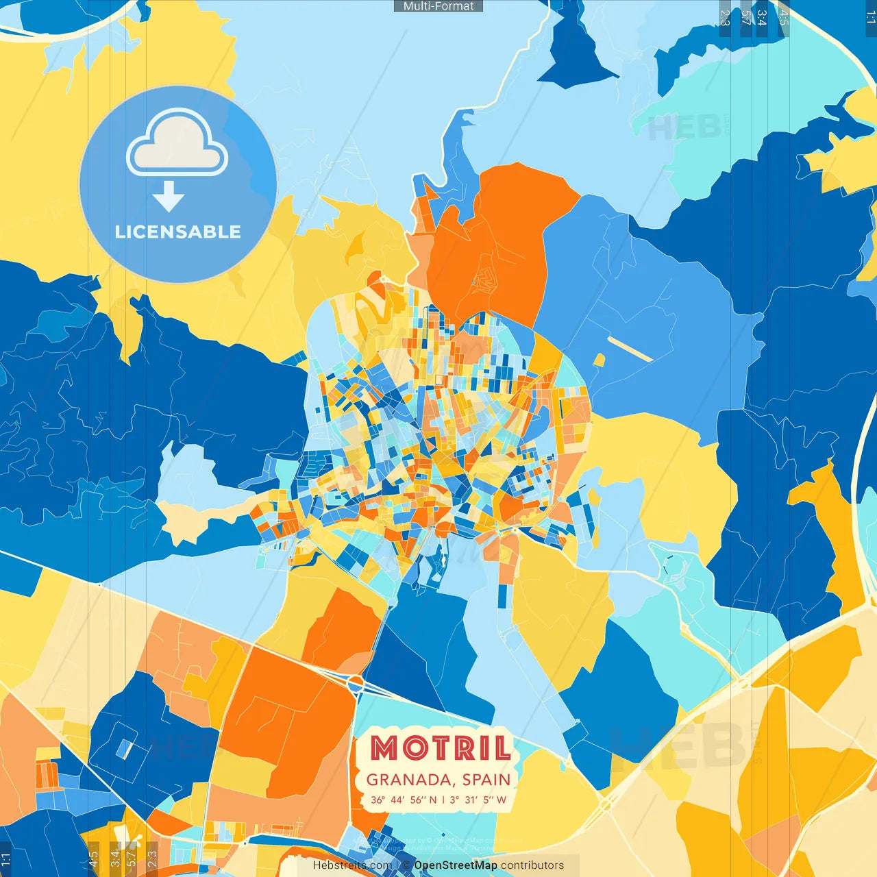 Motril, Granada, Spain blue and orange vector art map template